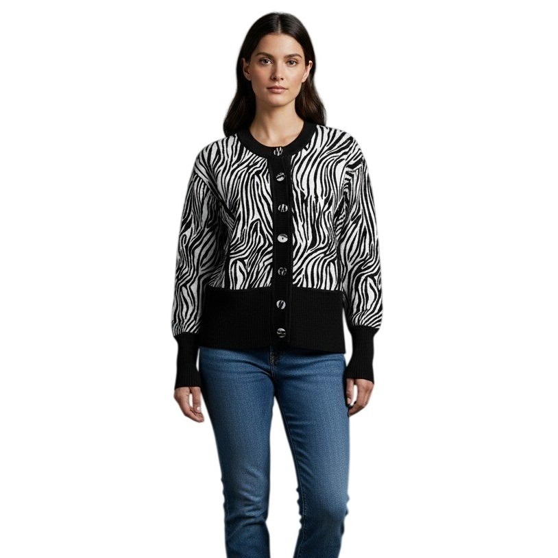 Peck & Peck Weekend Zebra Print Button Front Cardigan Black White - Women's S